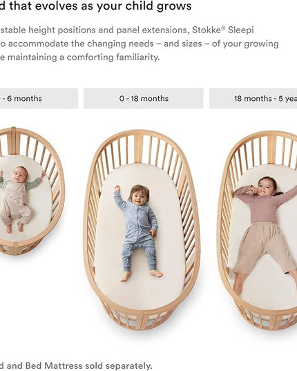 Stokke Sleepi Mini Bundle, Natural - includes Crib/Bed, Mattress & Drape Rod - Suitable for Ages 0-5 Years Old - Adjustable & Stylish - LeafyLoom