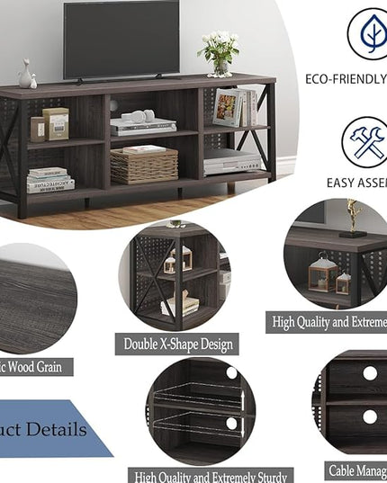 LVB Gray TV Stand for 75 Inch TV, Long Rustic Wood Entertainment Center, Large Farmhouse Media tv console with Storage, Metal Industrial television stands Cabinet for Bedroom, Dark Gray Oak, 63 Inch - LeafyLoom