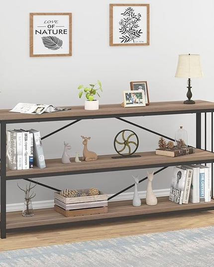 IBF Industrial 3 Tier Bookshelf, Rustic Low Wood and Metal Book Shelf, Farmhouse Long Wide Open Horizontal Bookcase, Modern Large Vintage Etagere for Home Office Bedroom Living Room, Rustic Oak, 63 In - LeafyLoom