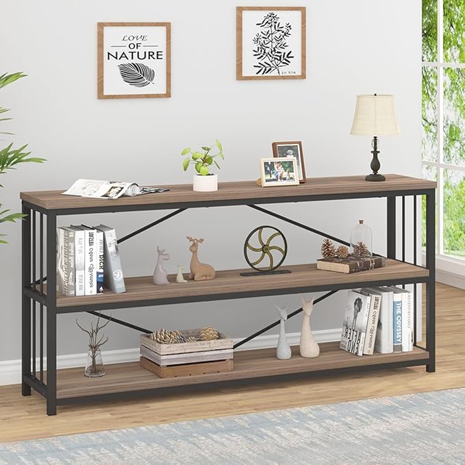 IBF Industrial 3 Tier Bookshelf, Rustic Low Wood and Metal Book Shelf, Farmhouse Long Wide Open Horizontal Bookcase, Modern Large Vintage Etagere for Home Office Bedroom Living Room, Rustic Oak, 63 In - LeafyLoom