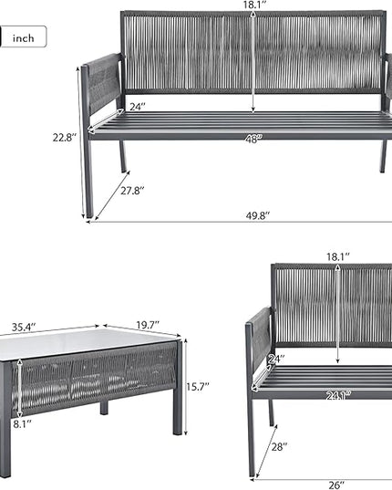 4-Piece Patio Conversation Furniture Set, Rope Weave Outdoor Loveseat Sofa with 2 Armchairs, Thick Cushion&Tempered Glass Table, for Garden Backyard, Onesize, Gray - LeafyLoom