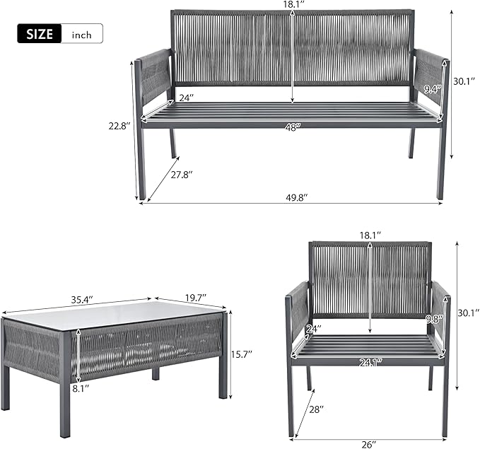 4-Piece Patio Conversation Furniture Set, Rope Weave Outdoor Loveseat Sofa with 2 Armchairs, Thick Cushion&Tempered Glass Table, for Garden Backyard, Onesize, Gray - LeafyLoom