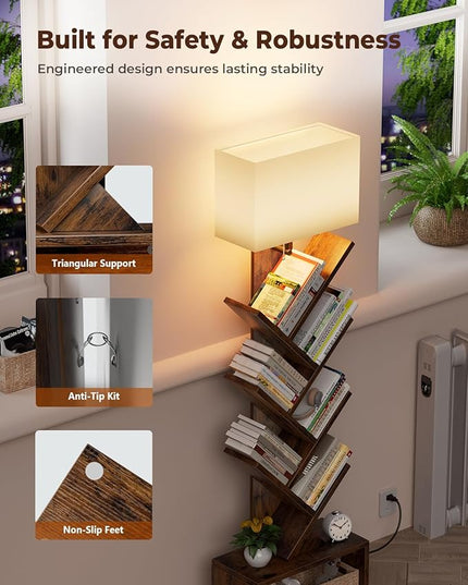 6 Tier Tree Bookshelf with Light, Small Bookcase Tower for Books/CDs/Movies, Sturdy Tall Floor Standing Book Organizer with Storage Cabinet for Living Room, Bedroom and Home Office - LeafyLoom