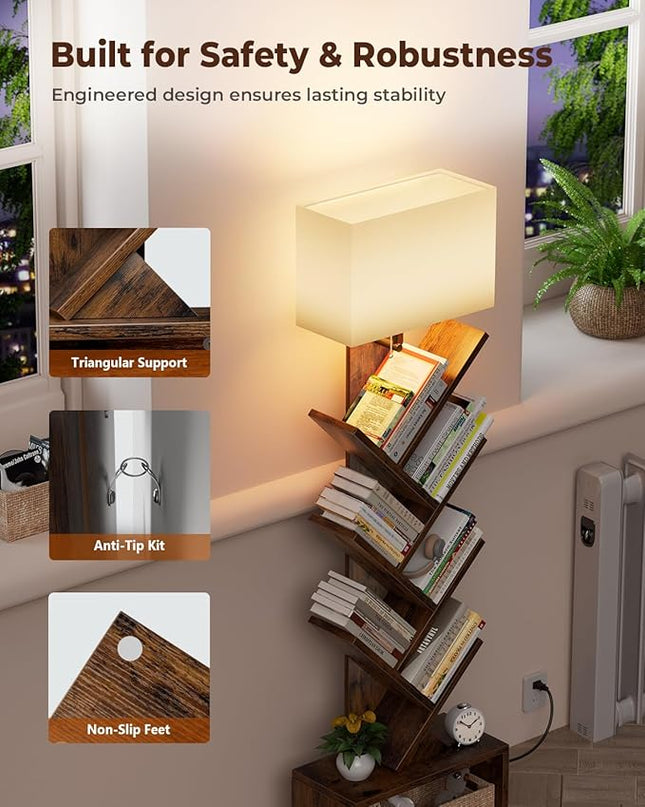 6 Tier Tree Bookshelf with Light, Small Bookcase Tower for Books/CDs/Movies, Sturdy Tall Floor Standing Book Organizer with Storage Cabinet for Living Room, Bedroom and Home Office - LeafyLoom