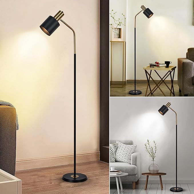 O'NEELDY Modern Industrial Floor Lamp 65" Black Standing Lamp, Black Floor Lamp with 360° Adjustable Lampshade, 12W E26 Bulb Included, Floor Lamp for Living Room, Bedroom, Office - LeafyLoom