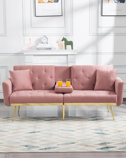 Living Room Furniture Sets 72.4" Mid-Century Modern Tufted Loveseat Sofa with Cup Holder/2 Pillows/Adjusting Backrest Small Comfy Couch for Bedroom, Apartment,Home Office, Sofá, Pink-1 - LeafyLoom