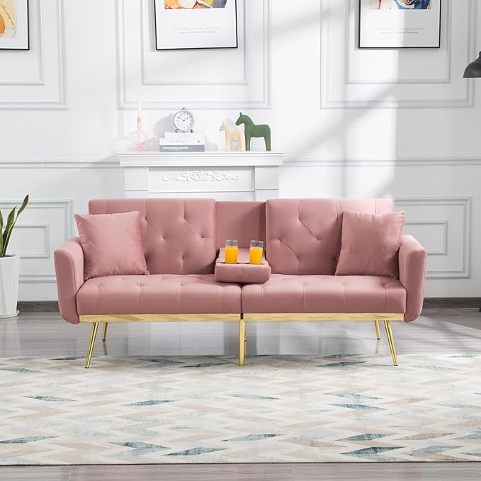 Living Room Furniture Sets 72.4" Mid-Century Modern Tufted Loveseat Sofa with Cup Holder/2 Pillows/Adjusting Backrest Small Comfy Couch for Bedroom, Apartment,Home Office, Sofá, Pink-1 - LeafyLoom