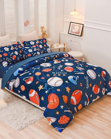 Sports Comforter Set with Sheet, 6 Pcs Bed in A Bag Twin Size Soccer Basketball Baseball Football Bedding Set for Boys Kids - LeafyLoom
