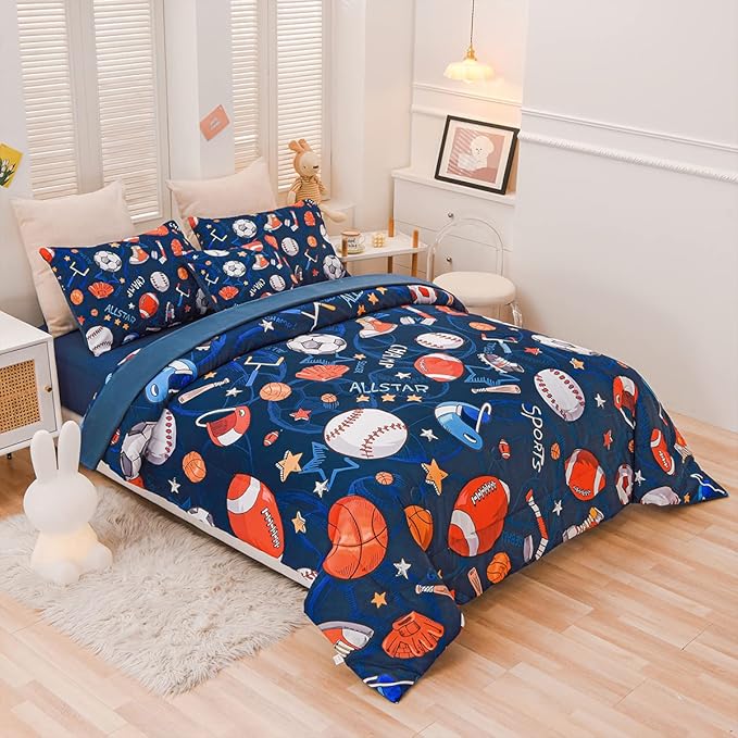 Sports Comforter Set with Sheet, 6 Pcs Bed in A Bag Twin Size Soccer Basketball Baseball Football Bedding Set for Boys Kids - LeafyLoom