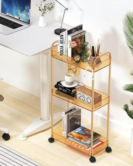 SPACEKEEPER 3 Tier Utility Storage Cart Rolling Bathroom Organizer, Transparency Mobile Shelving Unit Clear Rolling Utility Cart Multifunction, Amber - LeafyLoom