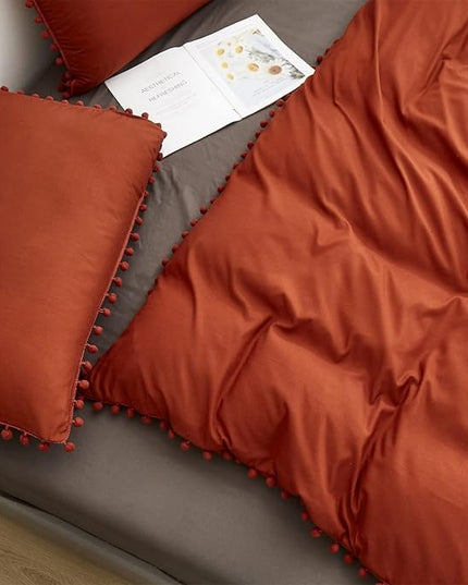 Burnt Orange Comforter Set Full Size Rust Pom Comforter 3 PCs Burnt Orange Boho Ball Pom Fringe Full Comforter Bedding Set Women Solid Terracotta Full Bed Comforter Set All Season Gift - LeafyLoom
