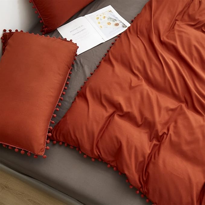 Burnt Orange Comforter Set Full Size Rust Pom Comforter 3 PCs Burnt Orange Boho Ball Pom Fringe Full Comforter Bedding Set Women Solid Terracotta Full Bed Comforter Set All Season Gift - LeafyLoom