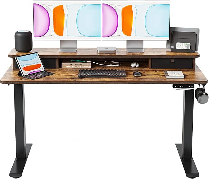 BANTI 55x24 Inch Electric Standing Desk with Double Drawers, Adjustable Height Stand Up Desk, Sit Stand Home Office Desk with Storage Shelf, Rustic Brown Top - LeafyLoom
