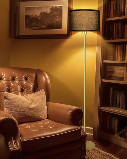 BoostArea Gold Floor Lamp Standing Lamp, 9W LED Floor Lamps with 3 Color Temperatures, Simple Tall Lamp with Linen Lampshade, On/Off Footswitch, Pole Lamps for Living Room, Bedroom, Office, Black - LeafyLoom