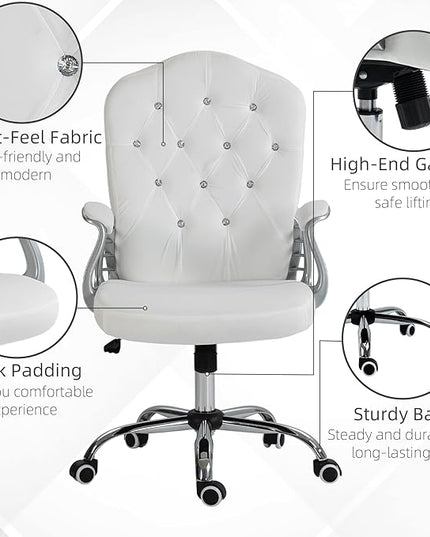 Vinsetto Home Office Chair, Velvet Computer Chair, Button Tufted Desk Chair with Swivel Wheels, Adjustable Height, and Tilt Function, White - LeafyLoom