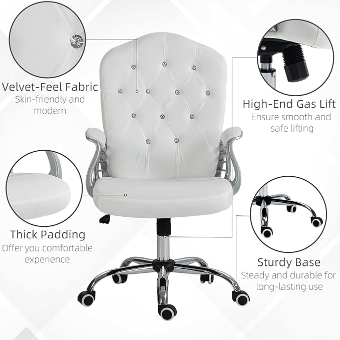 Vinsetto Home Office Chair, Velvet Computer Chair, Button Tufted Desk Chair with Swivel Wheels, Adjustable Height, and Tilt Function, White - LeafyLoom
