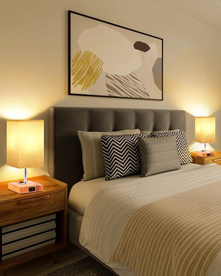 Dott Arts Small Table Lamps for Bedrooms Set of 2,2700K 4000k 5000K Nightstand Lamps with AC Outlets，Minimalist Wood Bedside Lamp with Square Shade,Night Light Lamp for Living Room Kids Room Office - LeafyLoom