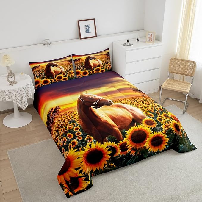 3D Horse Comforter Set for Kids Boys Wild Animal Down Comforter Girls Teen Adult Women Sunflower Quilted Duvet Brown Horse Bedding Comforters Cowboys Farmhouse Comforter with 1 Pillowcase, Twin Size - LeafyLoom