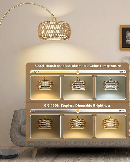 Gold Floor Lamps for Living Room, Arc Floor Lamp with Remote & Dimmable Bulb, Boho Rattan Standing lamp with 3 Color Temperatures, Height Adjustable Tall Lamp for Bedroom, Over Couch Reading Lamp - LeafyLoom