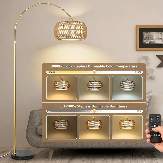Gold Floor Lamps for Living Room, Arc Floor Lamp with Remote & Dimmable Bulb, Boho Rattan Standing lamp with 3 Color Temperatures, Height Adjustable Tall Lamp for Bedroom, Over Couch Reading Lamp - LeafyLoom