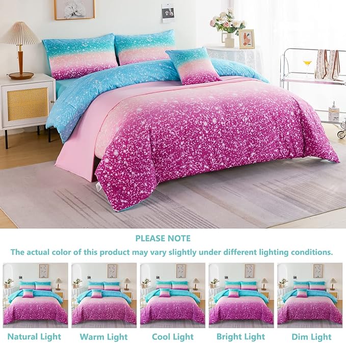 PERFEMET 6 Piece Full Size Comforter Sets for Teens Girls, Tie Dye Rainbow Ombre Bed in A Bag, Gradient Glitter Sparkle Bedroom Decor Bedding Set (Blue Teal Purple, Full) - LeafyLoom