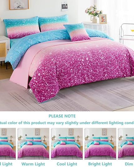 PERFEMET 6Pcs Teal Purple Comforter Set Twin Size, Tie Dye Rainbow Glitter Bed in A Bag, Gradient Pastel Ombre Sparkle Bedding Set for Kids Teens Girls (Blue Teal Purple, Twin) - LeafyLoom