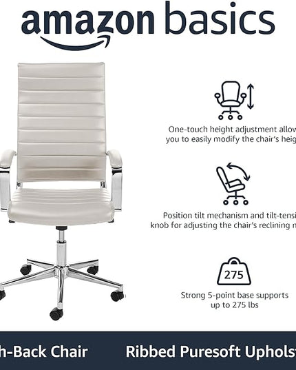 Amazon Basics Executive Modern Office High-Back Adjustable Rolling Computer Desk Chair with Armrests, 360 Swivel, 330 Pound Capacity, Chrome, Stunning White Faux Leather, 23.9"D x 24.69"W x 41.5"H - LeafyLoom