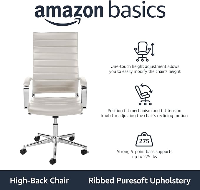 Amazon Basics Executive Modern Office High-Back Adjustable Rolling Computer Desk Chair with Armrests, 360 Swivel, 330 Pound Capacity, Chrome, Stunning White Faux Leather, 23.9"D x 24.69"W x 41.5"H - LeafyLoom