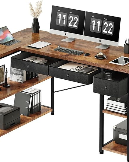 Ｍａｉｈａｉｌ Maihail Home Office Desk with Drawers and Shelves, 55” Computer Corner Desk for Small Space, Small L Shaped Desk with Side Storage for Bedroom, Rustic Brown - LeafyLoom