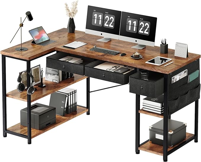 Ｍａｉｈａｉｌ Maihail Home Office Desk with Drawers and Shelves, 55” Computer Corner Desk for Small Space, Small L Shaped Desk with Side Storage for Bedroom, Rustic Brown - LeafyLoom