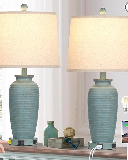 25" Farmhouse Jar Table Lamps Set of 2, 3 Way Touch Control Rustic Bedside Lamps with USB A+C Ports & AC Outlet, Pot Nightstand Lamps for Bedroom Living Room (LED Bulbs Included) - LeafyLoom