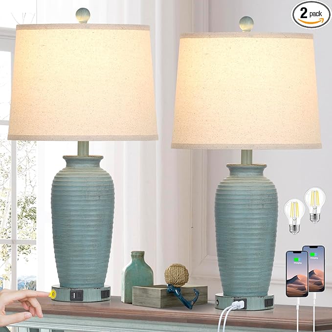 25" Farmhouse Jar Table Lamps Set of 2, 3 Way Touch Control Rustic Bedside Lamps with USB A+C Ports & AC Outlet, Pot Nightstand Lamps for Bedroom Living Room (LED Bulbs Included) - LeafyLoom