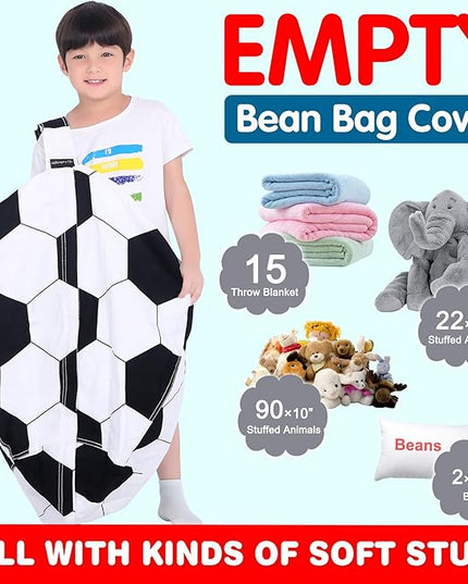 Lukeight Stuffed Animal Storage Bean Bag Chair Cover for Kids, Soccer Zipper Beanbag Chair Cover for Organizing Toddler & Kids' Rooms Plush Toys (Soccer, X-Large) - LeafyLoom