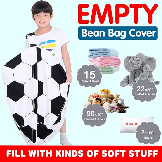 Lukeight Stuffed Animal Storage Bean Bag Chair Cover for Kids, Soccer Zipper Beanbag Chair Cover for Organizing Toddler & Kids' Rooms Plush Toys (Soccer, X-Large) - LeafyLoom