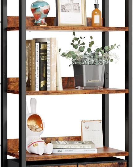 Furologee 5-Tier Bookshelf, Tall Bookcase with 2 Storage Drawers, Industrial Display Standing Shelf Units, Wood and Metal Storage Shelf for Living Room, Bedroom, Home Office, Rustic Brown - LeafyLoom