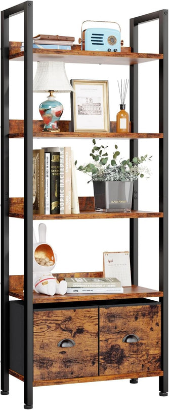 Furologee 5-Tier Bookshelf, Tall Bookcase with 2 Storage Drawers, Industrial Display Standing Shelf Units, Wood and Metal Storage Shelf for Living Room, Bedroom, Home Office, Rustic Brown - LeafyLoom
