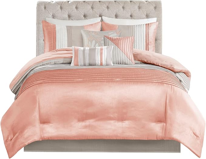 Madison Park Amherst Faux Silk Comforter Set - Casual Contemporary Design, All Season Down Alternative Bedding, Matching Shams, Bedskirt, Decorative Pillows, Cal King(104"x92"), Coral 7 Piece - LeafyLoom