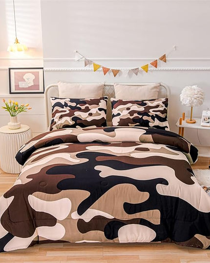 Meeting Story Camouflage Bedding Set, Colorful Pattern Style Queen Comforter Set, 3 PCS One Comforter and Two Pillowcases in One Bag, All Season Bedspread for Kids Teens Adults (Coffee, Full) - LeafyLoom