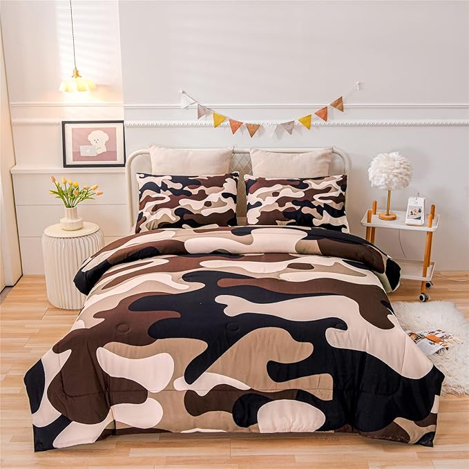 Meeting Story Camouflage Bedding Set, Colorful Pattern Style Queen Comforter Set, 3 PCS One Comforter and Two Pillowcases in One Bag, All Season Bedspread for Kids Teens Adults (Coffee, Queen) - LeafyLoom
