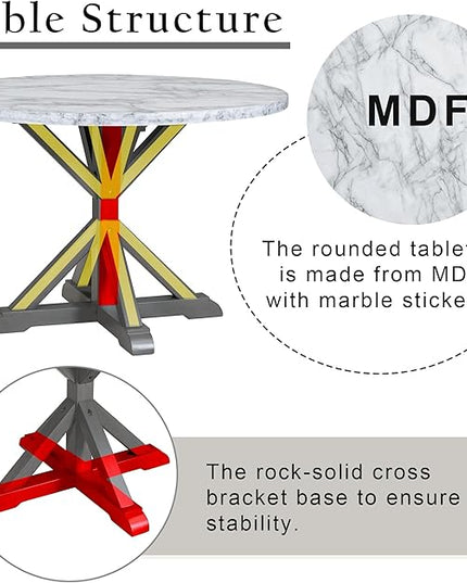 NicBex Small Dining Table Set for 4 Round Dining Table Set 5-Piece Dining Table Set, Marble Sticker and Cross Bracket Pedestal Dining Table, and 4 Upholstered Chairs, White+Gray - LeafyLoom
