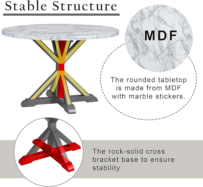 NicBex Small Dining Table Set for 4 Round Dining Table Set 5-Piece Dining Table Set, Marble Sticker and Cross Bracket Pedestal Dining Table, and 4 Upholstered Chairs, White+Gray - LeafyLoom