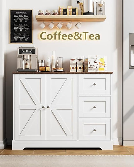 Farmhouse Buffet Cabinet with Storage, 41.3" Kitchen Cabinet with 3 Drawers and Shelves, Storage Cabinet or Kitchen, Home bar - LeafyLoom