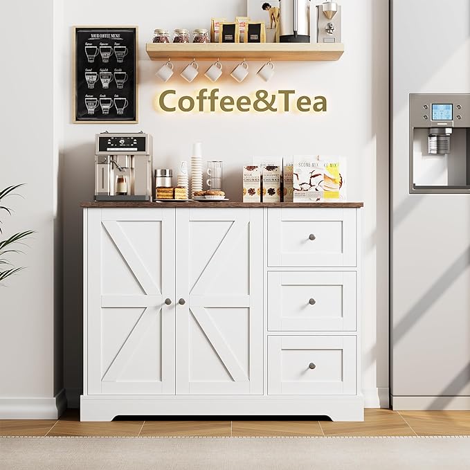 Farmhouse Buffet Cabinet with Storage, 41.3" Kitchen Cabinet with 3 Drawers and Shelves, Storage Cabinet or Kitchen, Home bar - LeafyLoom