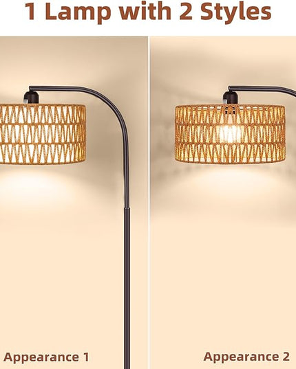 Boho Floor Lamp with Dimmable Bulb, Rattan &Linen Double Shades, Bronze Boho Standing Tall Lamps with Foot Switch, Bohemian Floor Lamps for Living Room, Bedroom, Office - LeafyLoom