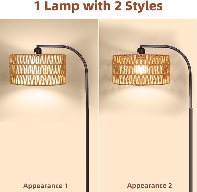 Boho Floor Lamp with Dimmable Bulb, Rattan &Linen Double Shades, Bronze Boho Standing Tall Lamps with Foot Switch, Bohemian Floor Lamps for Living Room, Bedroom, Office - LeafyLoom