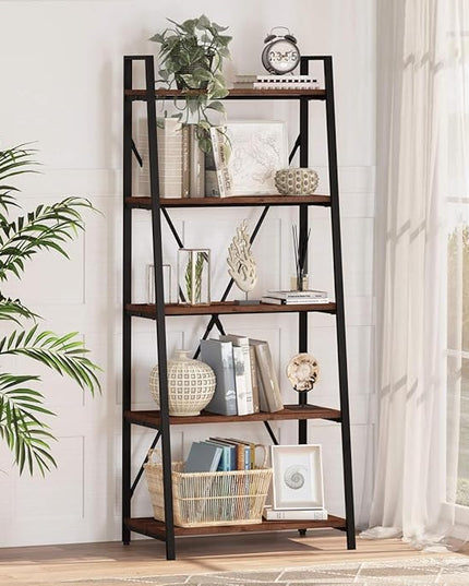 BON AUGURE Ladder Shelf Bookcase, 5-Tier Industrial Ladder Bookshelf, Tall Living Room Shelves, Wood and Metal Leaning Shelf for Home Office, Kitchen, Bedroom, Balcony (Rustic Oak) - LeafyLoom