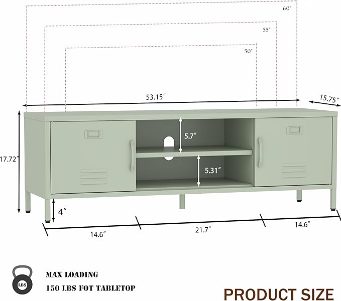 TV Stand for 55 60 inch TV, Metal TV Cabinet Modern Mid Century Entertainment Center with Storage, TV Industrial Media Console Table 2 Cabinet for Living Room, Bedroom, Office (Green) - LeafyLoom