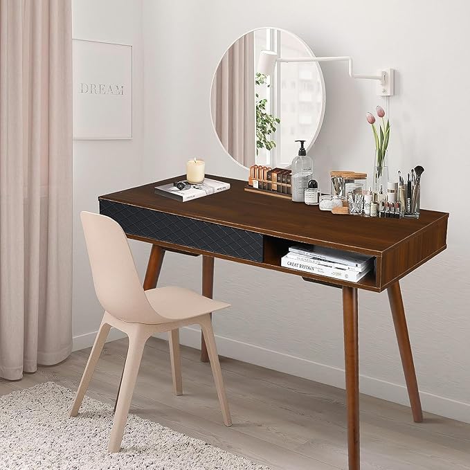 GAOMON Modern Home Office Writing Desk, 42 Inch Computer Table Desk with Drawers, Simple Mid Century Modern Desk, Walnut - LeafyLoom