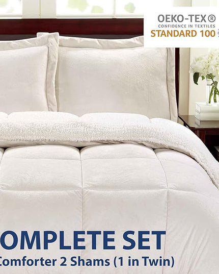 Cathay Home King Comforter Set: Ultra Soft and Plush Reversible Micromink and Sherpa 3-Piece Bedding Set, Ivory, King (102" x 90") - LeafyLoom