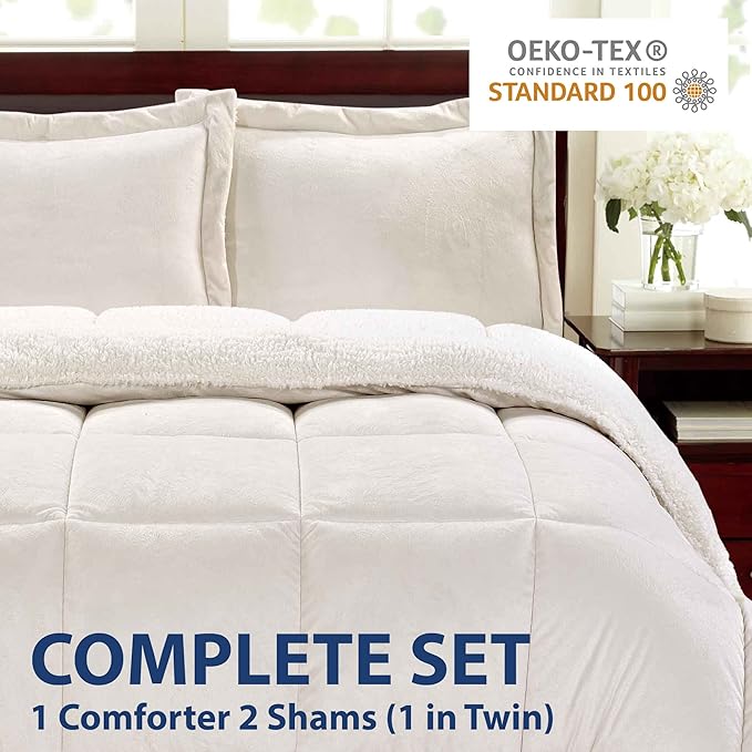 Cathay Home King Comforter Set: Ultra Soft and Plush Reversible Micromink and Sherpa 3-Piece Bedding Set, Ivory, King (102" x 90") - LeafyLoom